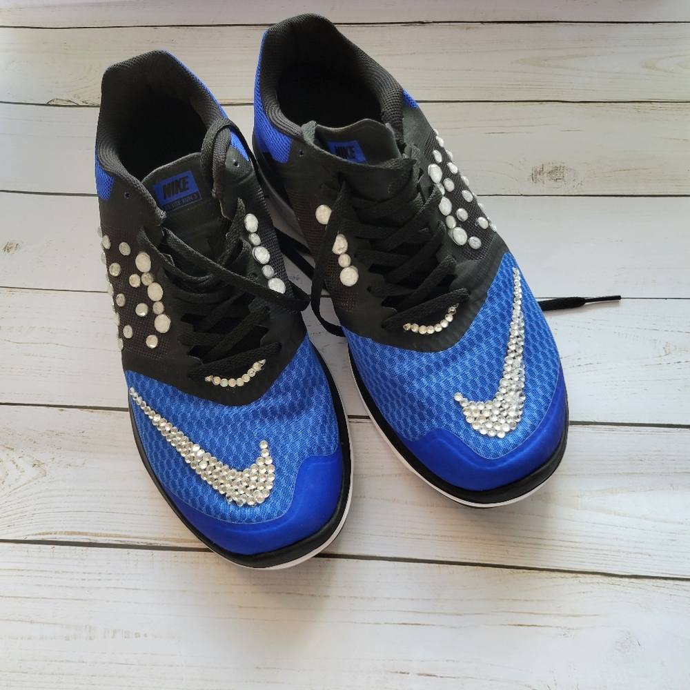 Nike Blue Black & White running sneakers with custom bling accent
